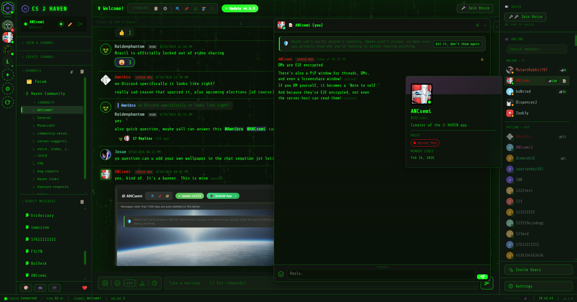 A DM window and profile card in the CRT theme